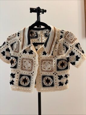 Rebellion Crochet Boxy Crop Short-Sleeve Cardigan in Cream, Black & Brown